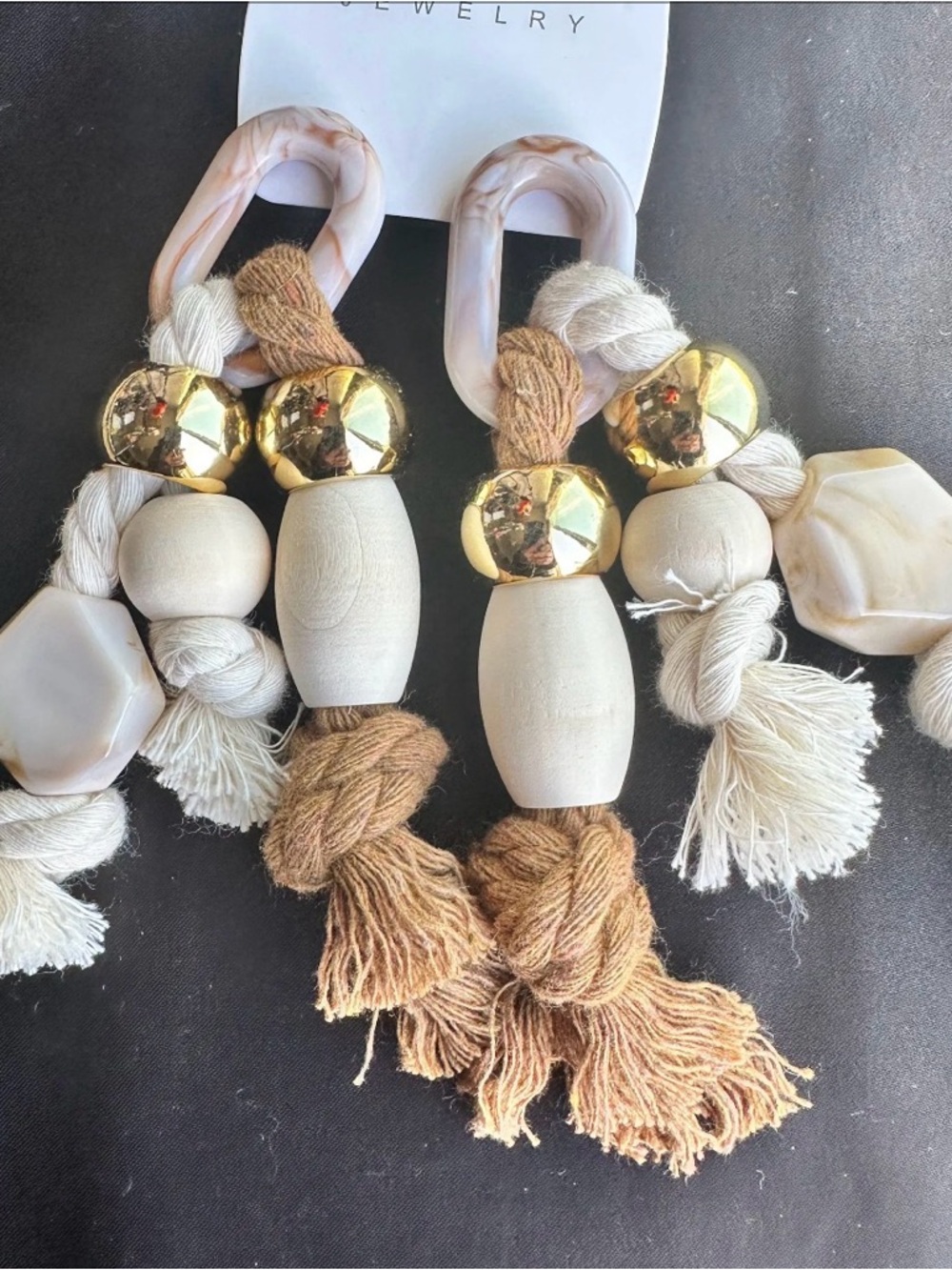 5.25” Boho Neutral Tassel Drop Earrings with Gold Accents (Post Backs)